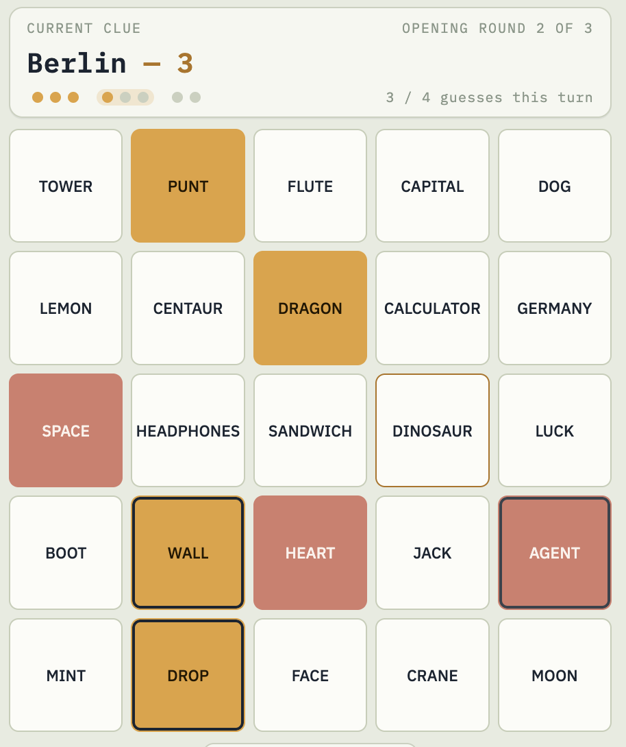 Caseboard game board with a Berlin clue and selected word cards